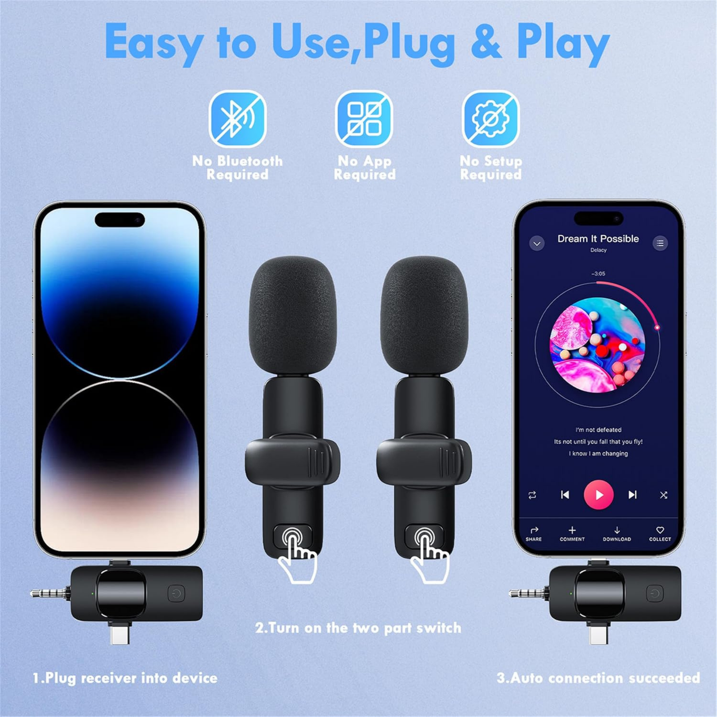 3 in 1 Wireless Microphone for iPhone, Android, Camera, USB-C, Mini Noise-Cancelling Lavalier Microphone