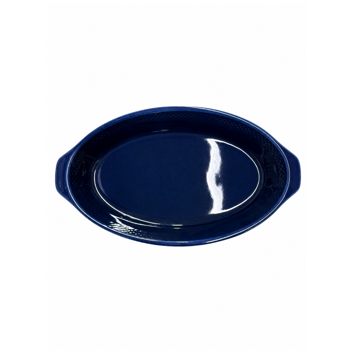 Ceramic oval baking dish in a deep blue color