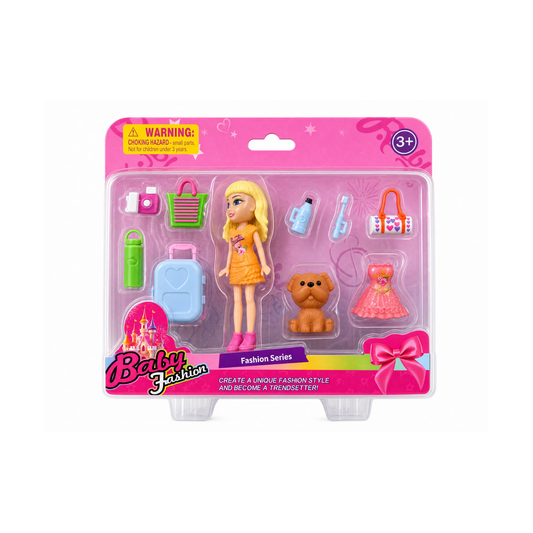 Polly Pocket fashion pack playset including a doll, pet, and accessories.