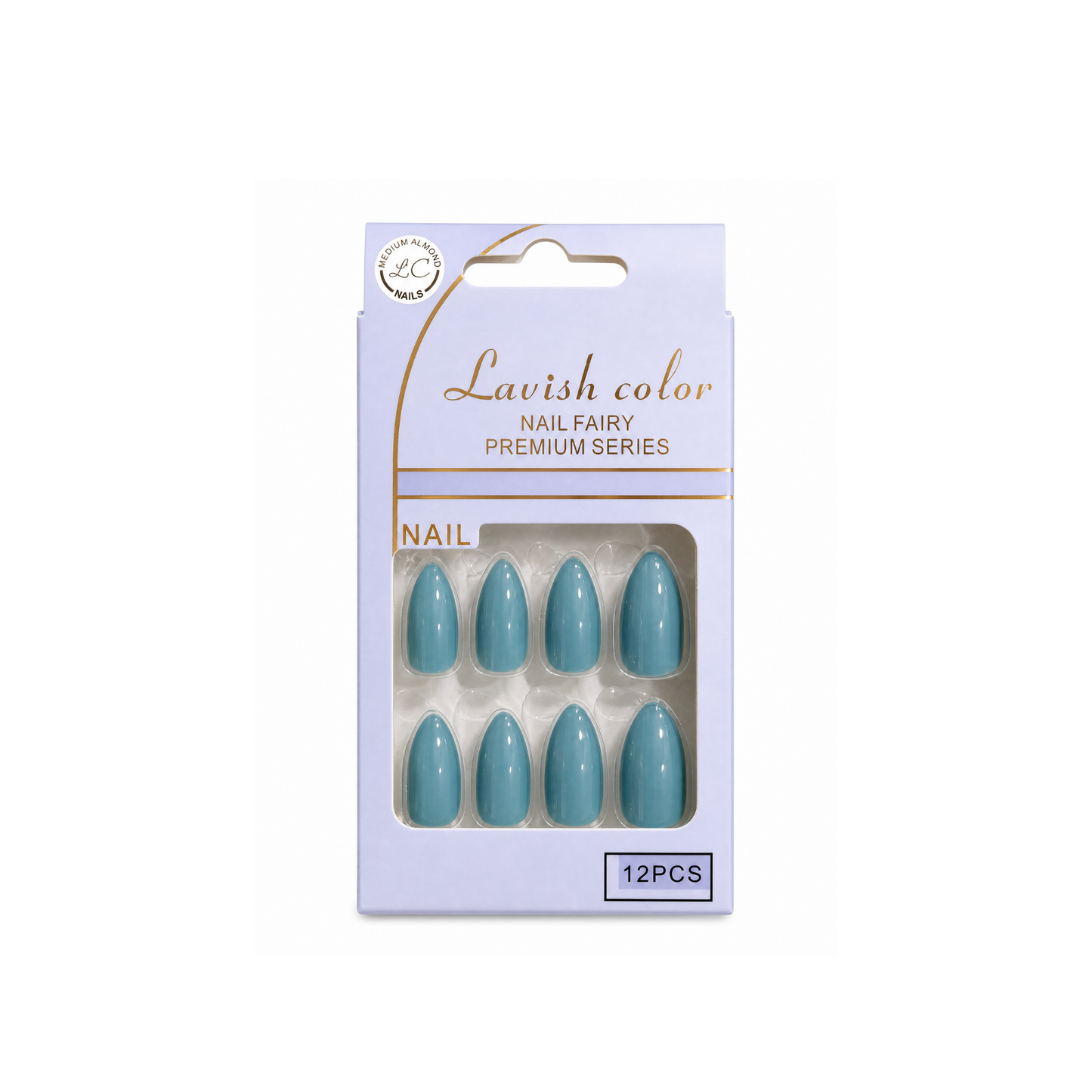 Medium Almond Press-On Nails in a blue glossy solid shade