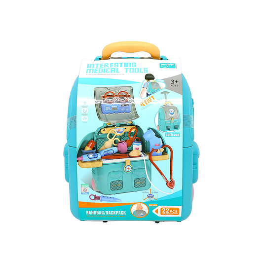 Toys 22-piece doctor set backpack suitcase for storing medical tools.