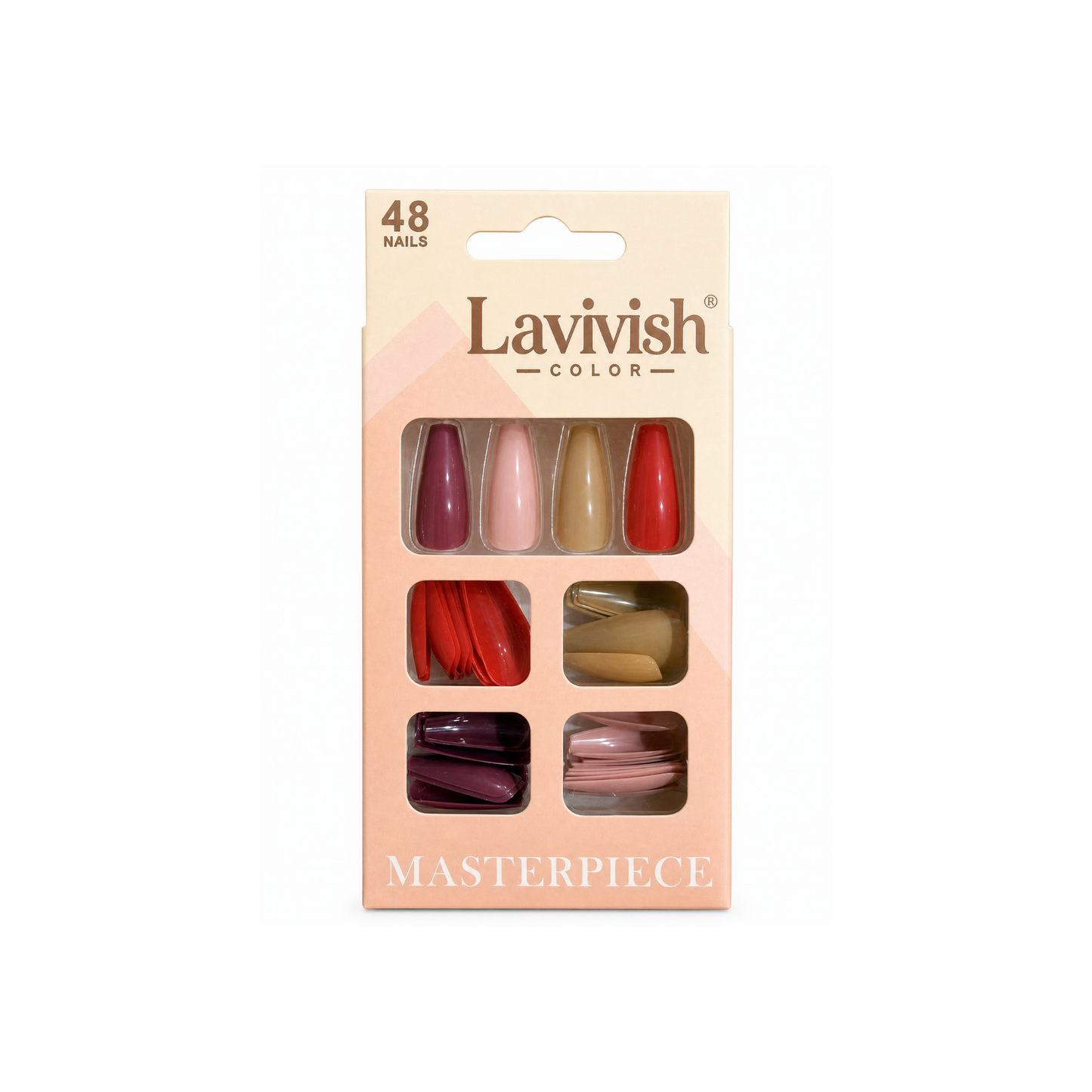 press-on nail kit containing 48 artificial nails in various solid colors