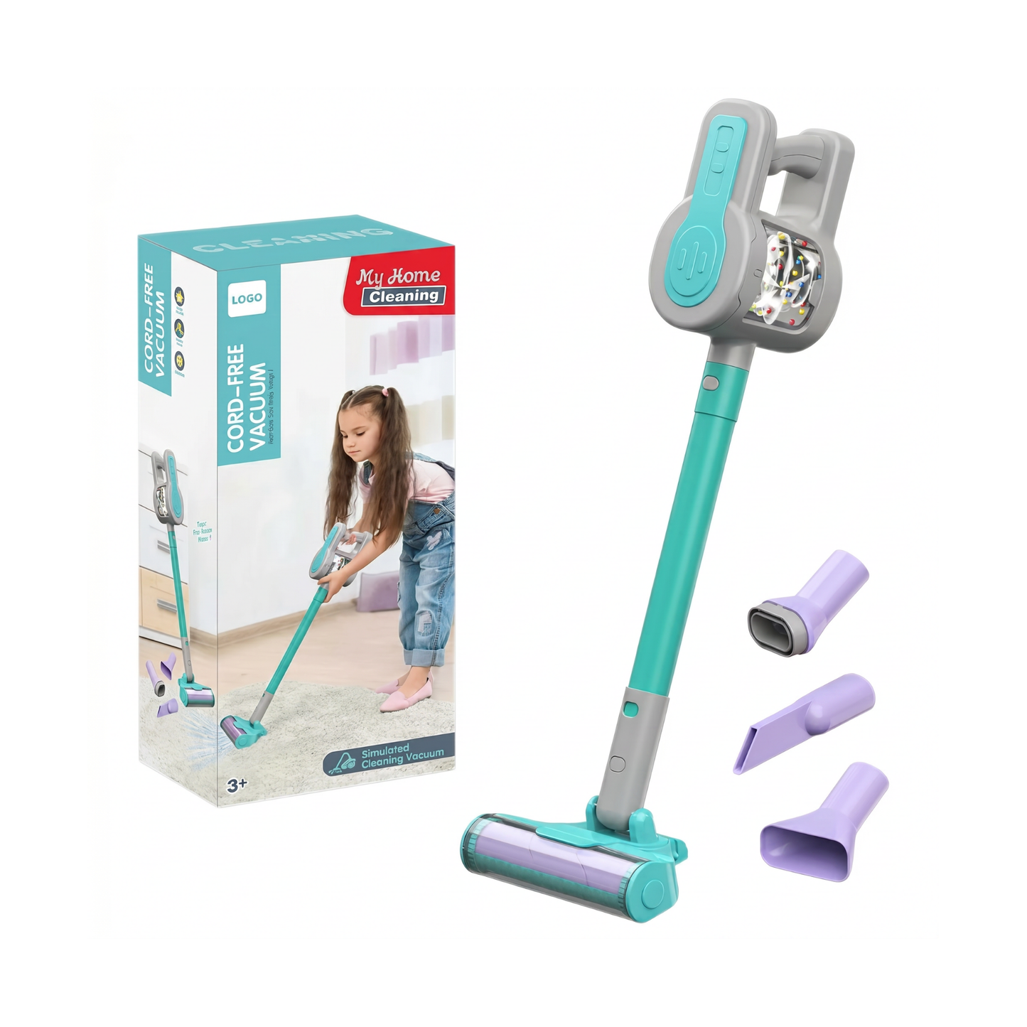 Cleaning toy cord-free stick vacuum set with detachable nozzles.