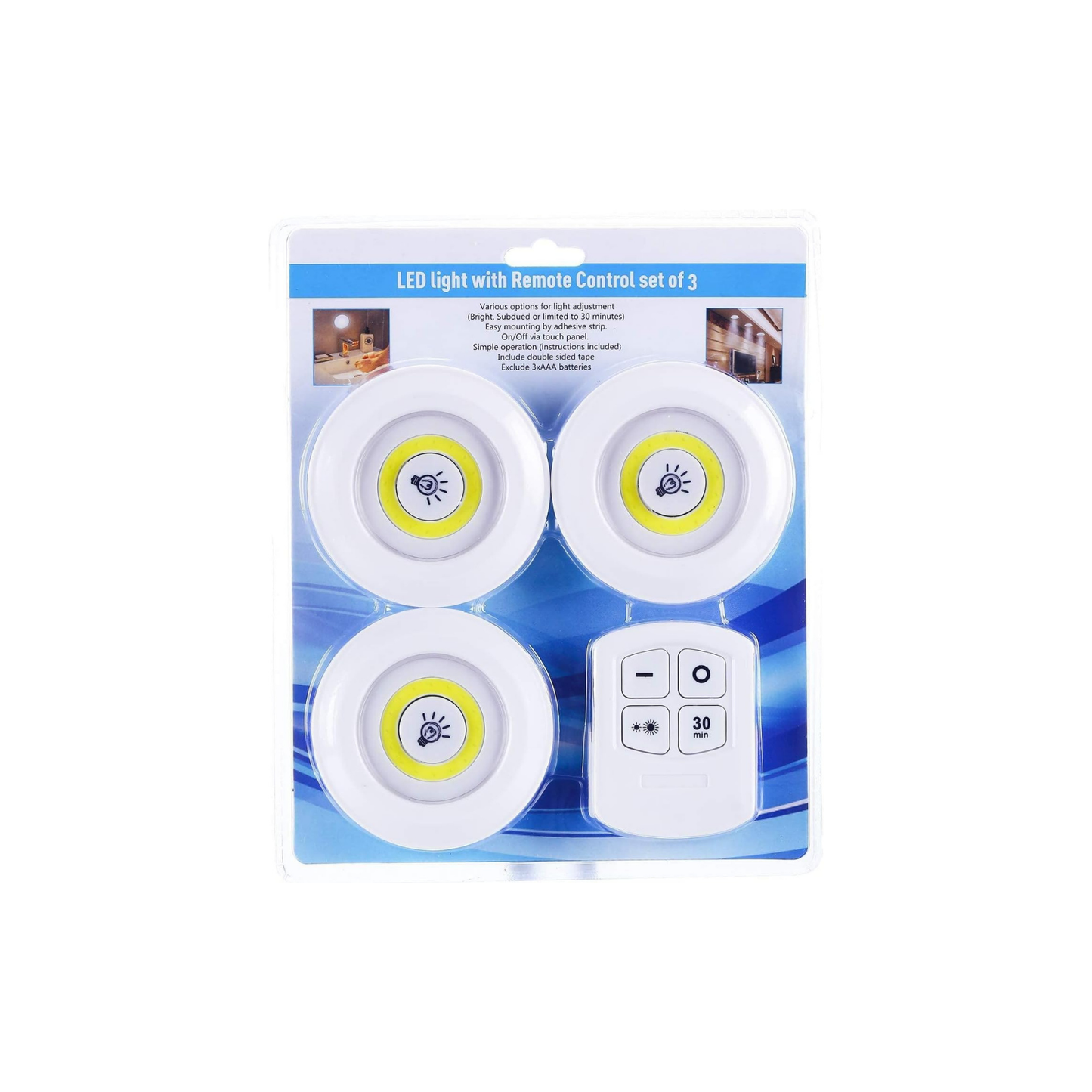 Set of 3 Wireless Adjustable LED Brightness Lights with Remote Control