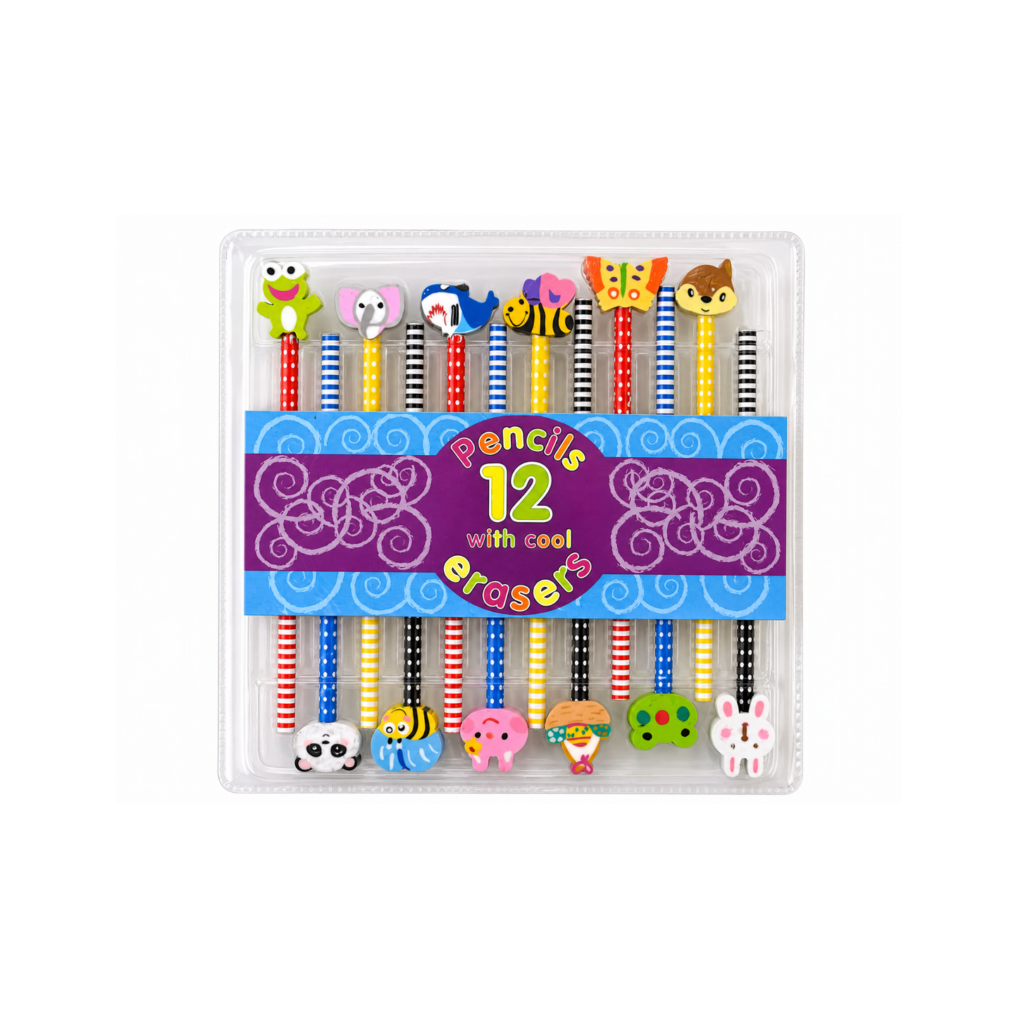 sehchya 28-piece pencil set features colorful, striped wooden pencils with removable animal-shaped erasers