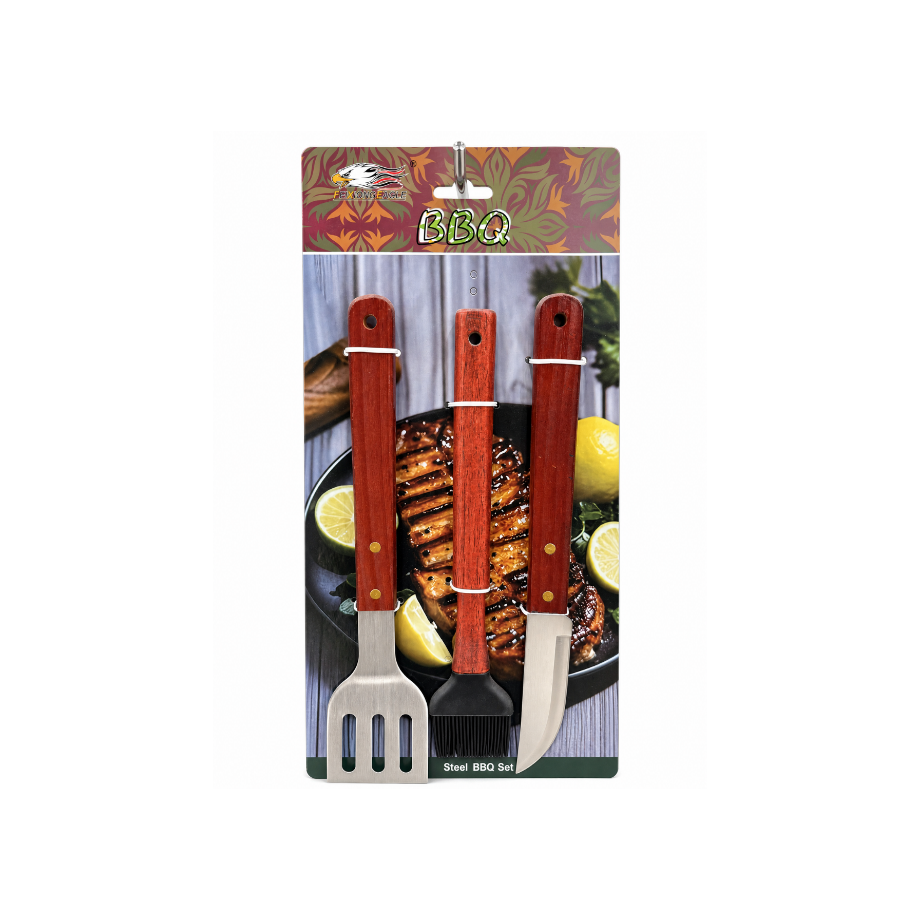 3 Piece BBQ set Barbecue Spatula Tong and Fork with Wooden handles