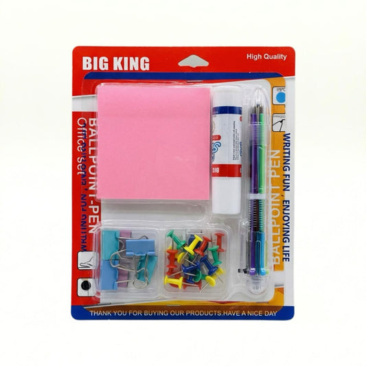 BIG KING high-quality office stationery set containing a multi-color ballpoint pen, glue stick, assorted pushpins, binder clips, and sticky notes