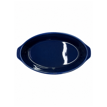 Ceramic oval baking dish in a deep blue color