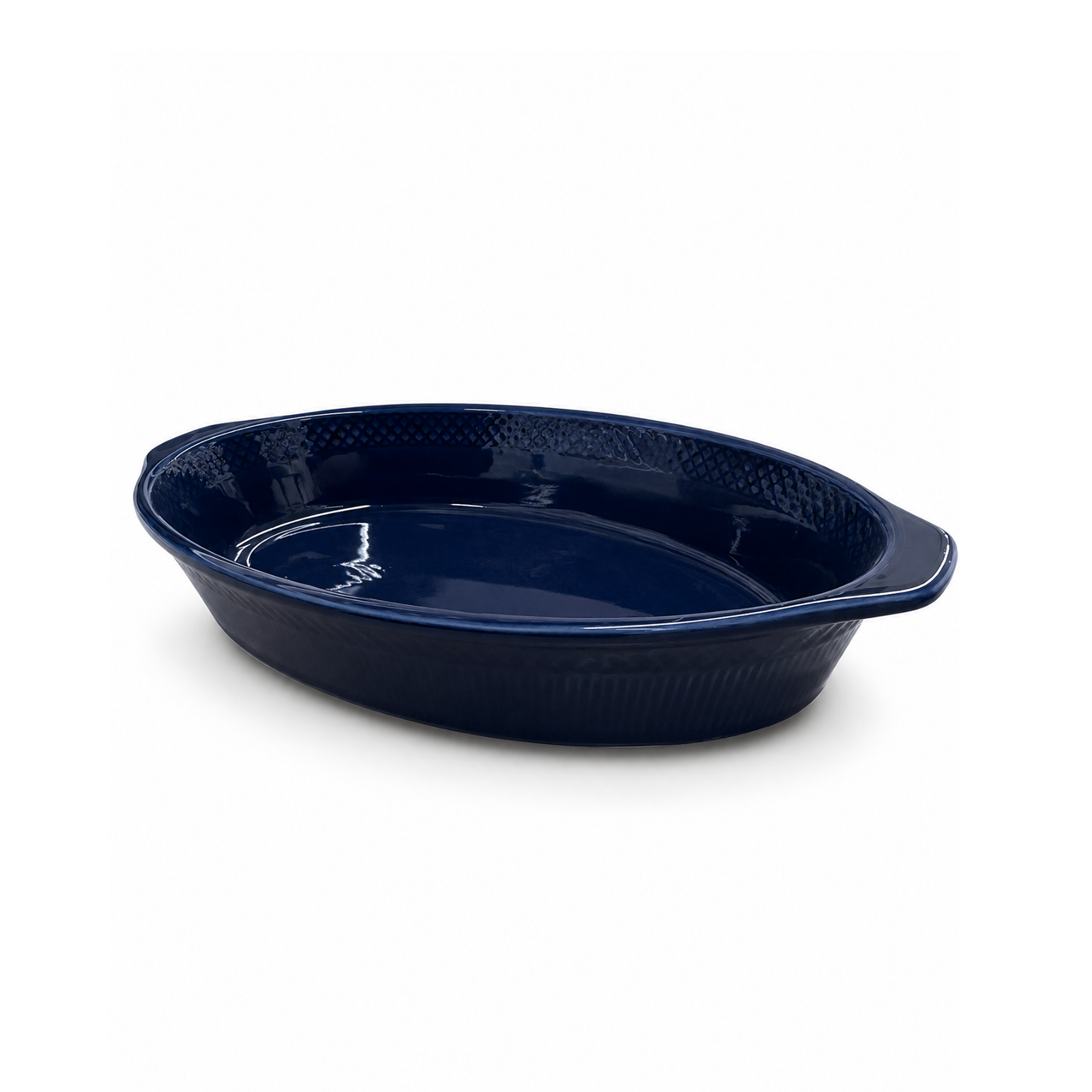 Ceramic oval baking dish in a deep blue color
