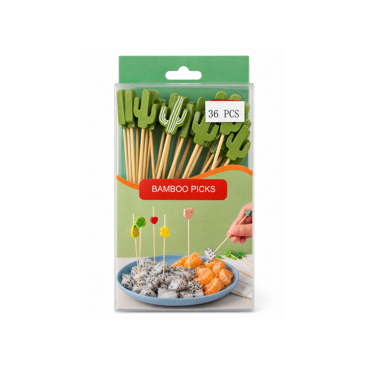 36-piece set features decorative bamboo food picks with green cactus-shaped tops