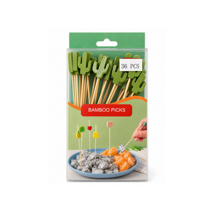 36-piece set features decorative bamboo food picks with green cactus-shaped tops