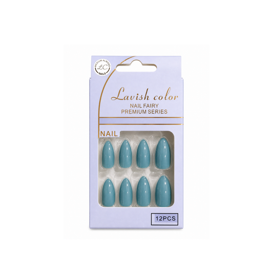 Medium Almond Press-On Nails in a blue glossy solid shade
