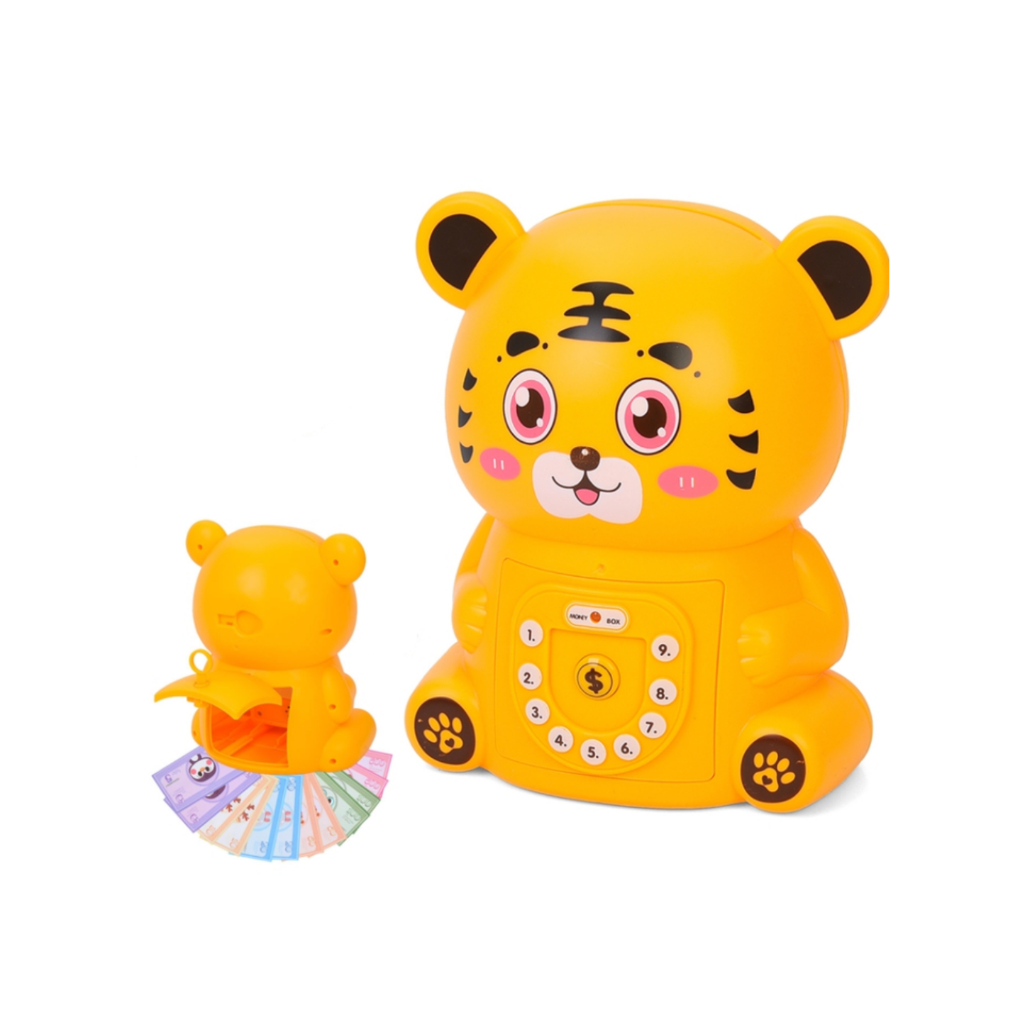 Musical interactive tiger piggy bank with electronic features.