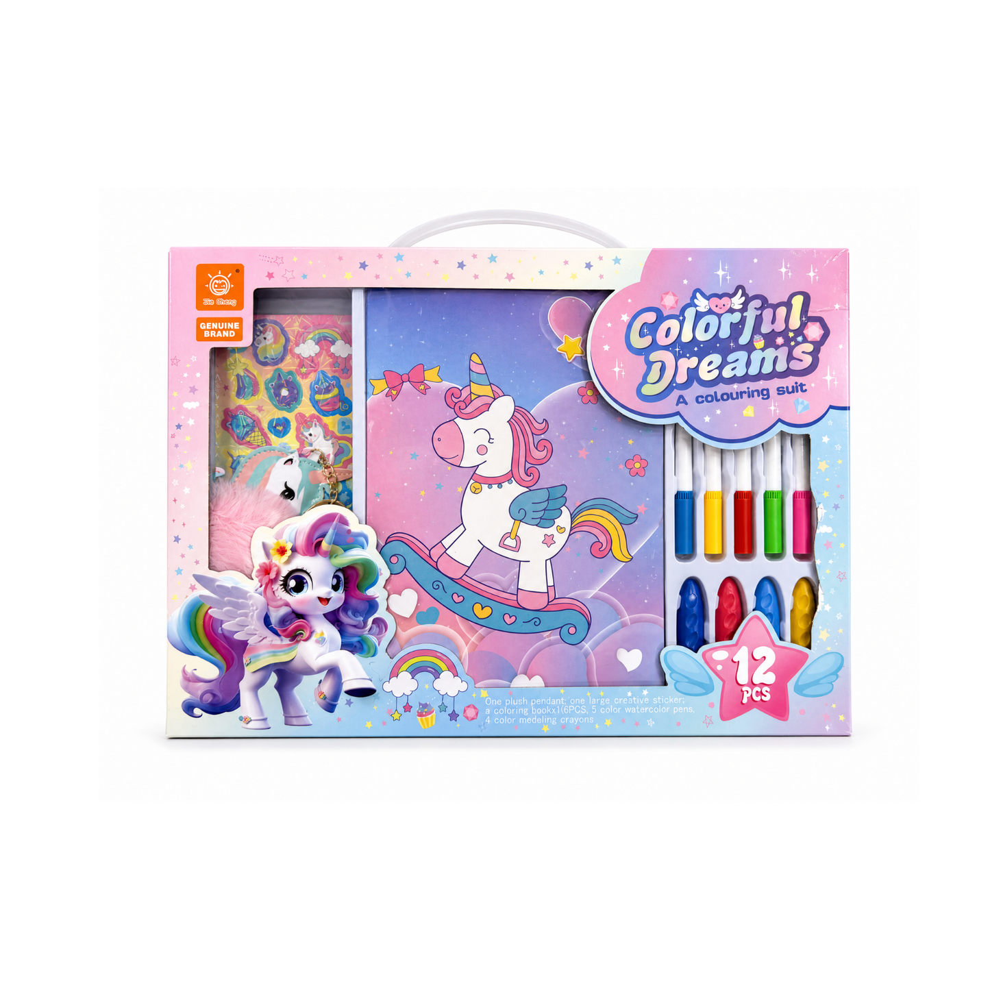 coloring set includes 12 pieces featuring unicorn-themed activities