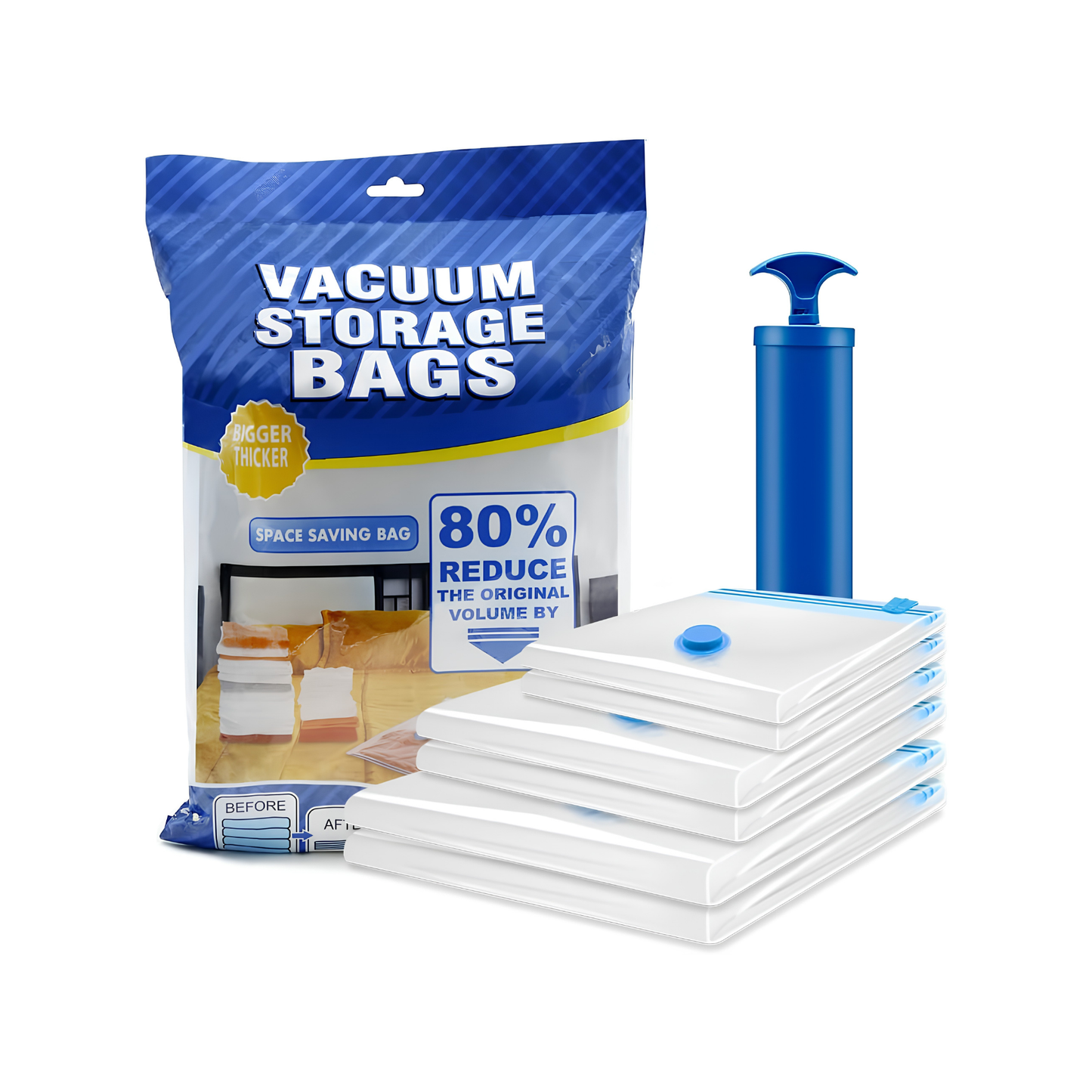 Vacuum Storage Bags for Clothes Large Vaccumme Storage Bags 80% More Storage 6 Pack Reusable Storage Bags with Travel Hand Pump for Duvets Bedding Pillows Clothes (6 Pack Large)